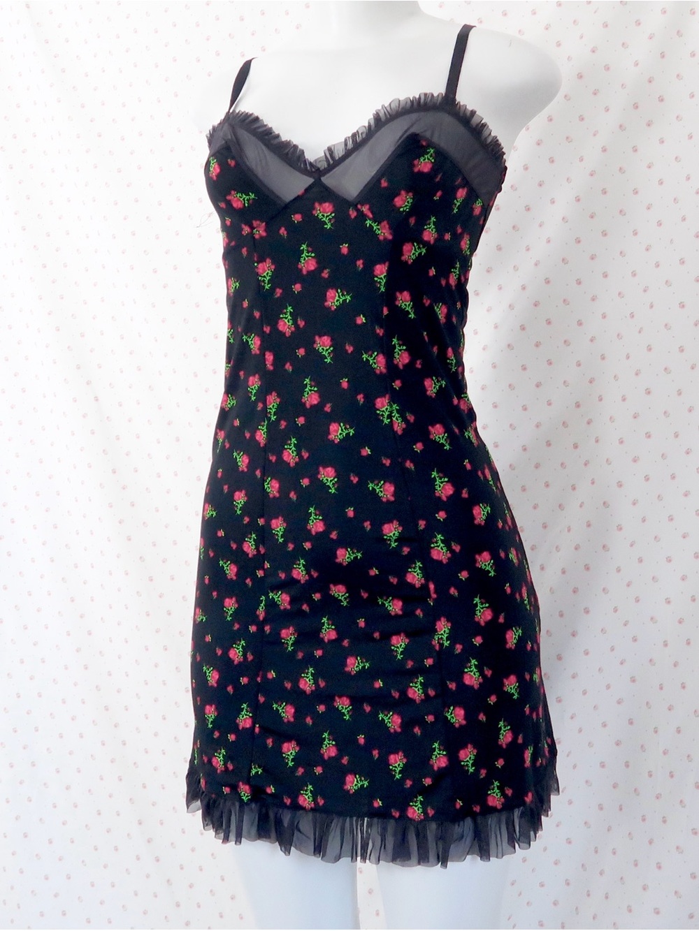 Victoria's Secret‎ Y2K Black Pink Floral Ruffle Mini Dress  / Coquette Aesthetic